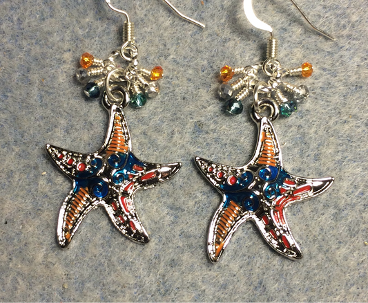 Turquoise, orange, and silver enamel starfish charm earrings adorned with tiny dangling turquoise, orange, and silver Chinese crystal beads.