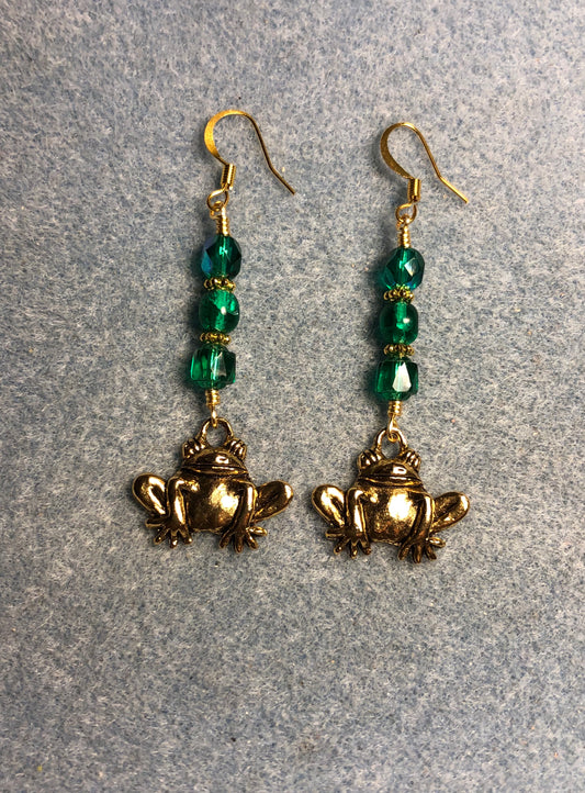 Large gold frog charm earrings adorned with teal Czech glass beads