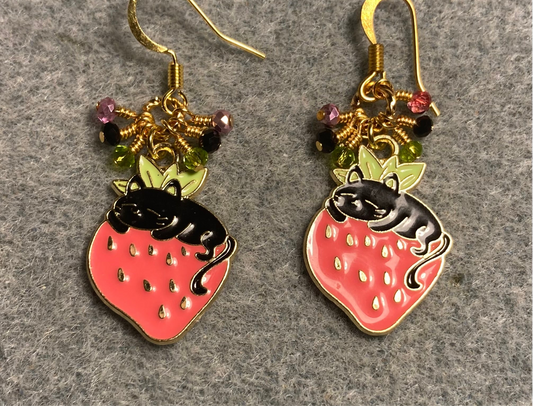 Pink, black, and olive green enamel cat charm earrings adorned with tiny dangling pink, black, and olive green Chinese crystal beads.