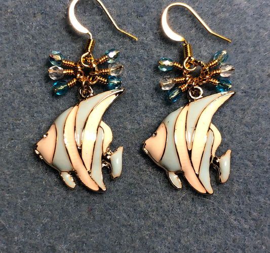 Aqua and white enamel striped angelfish charm earrings adorned with small dangling aqua and clear Czech glass beads.