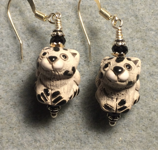 Small gray and black ceramic exotic cat bead earrings adorned with black Chinese crystal beads.