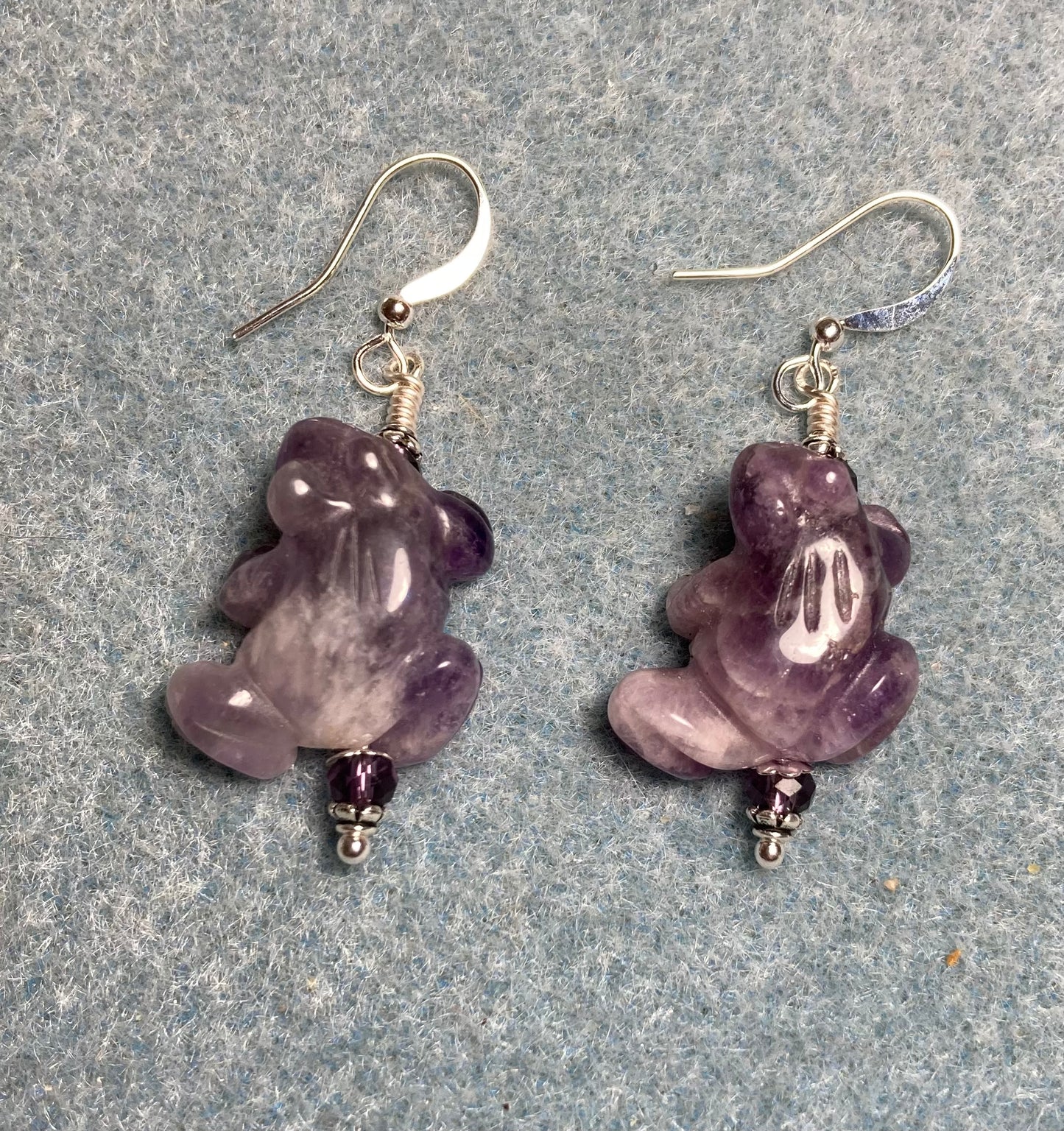 Purple amethyst gemstone frog bead earrings adorned with purple Chinese crystal beads.