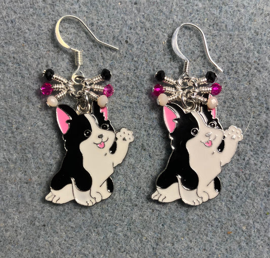 Large black, white, and hot pink enamel puppy dog charm earrings adorned with tiny dangling black, white, and hot pink Chinese crystal beads.
