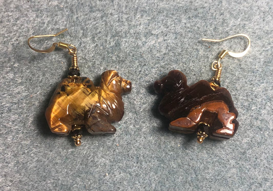 Brown tigereye gemstone camel bead earrings adorned with brown Chinese crystal beads.
