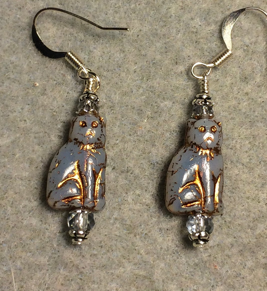 Small light blue gray (with gold inlay) Czech glass cat bead earrings adorned with light blue Chinese crystal beads.