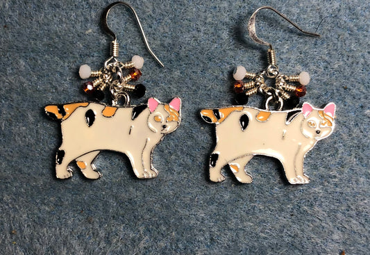 White, orange, and black enamel calico Manx cat charm earrings adorned with tiny dangling white, orange, and black Chinese crystal beads.