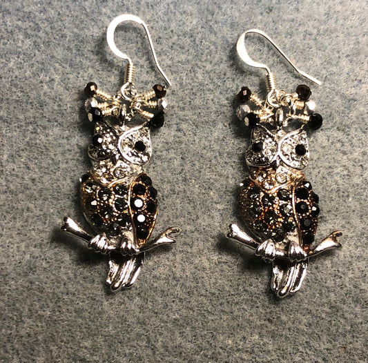 Gorgeous brown and silver rhinestone owl charm earrings adorned with tiny dangling brown, black, and silver Chinese crystal beads.