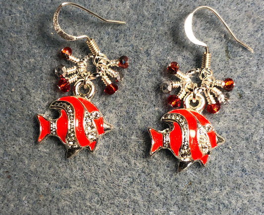 Silver and red enamel and rhinestone angelfish charm earrings adorned with tiny dangling red and silver Chinese crystal beads.