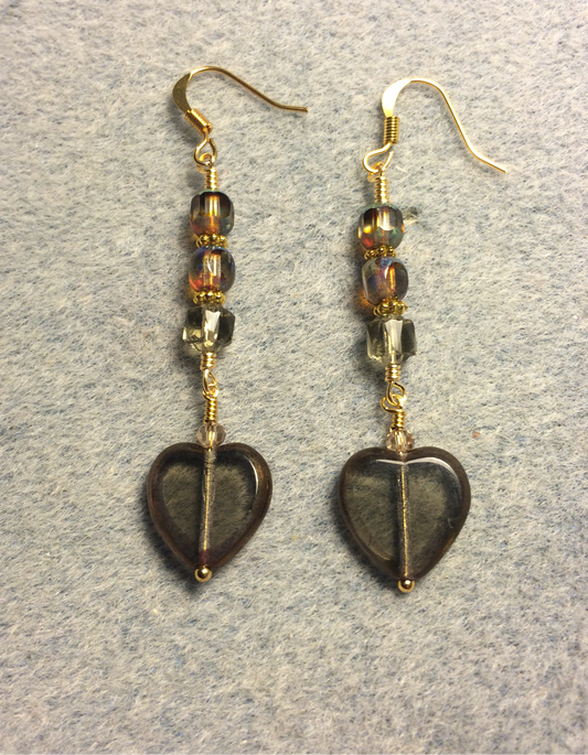 Translucent gray gold Czech glass heart bead earrings adorned with gray gold Czech glass beads.