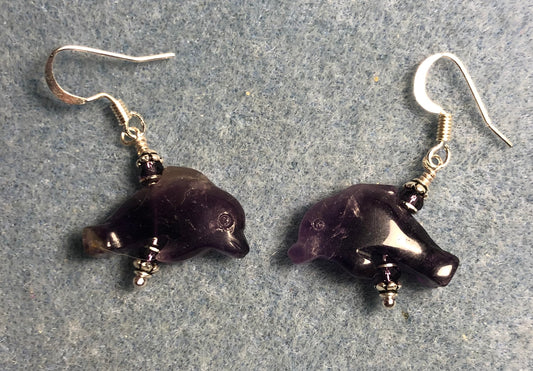 Genuine amethyst gemstone dolphin bead earrings adorned with purple Chinese crystal beads.