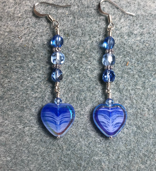 Light blue striped Czech glass heart bead earrings adorned with light blue Czech glass beads.