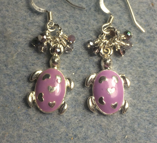 Silver and lavender enamel turtle charm earrings adorned with tiny dangling purple and lavender Chinese crystal beads.