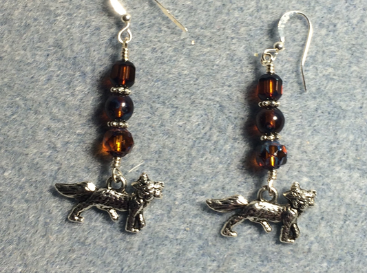Silver fox charm earrings adorned with brown Czech glass beads