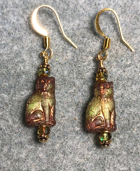 Small olive green and gold Czech glass cat bead earrings adorned with sparkly olive green Chinese crystal beads.