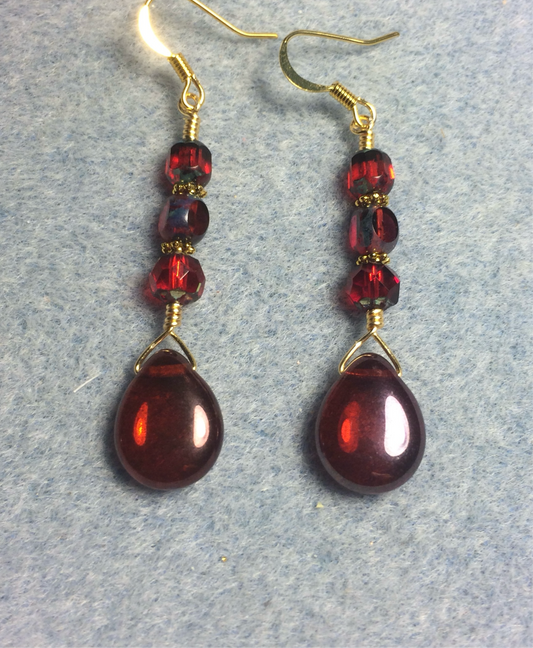 Wine red Czech glass pear drop bead earrings adorned with wine red Czech glass beads.