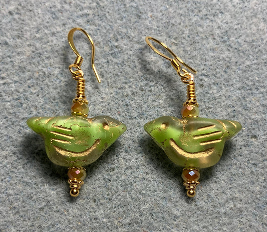 Lime green (with gold wash) Czech glass bird bead earrings adorned with lime green Chinese crystal beads.