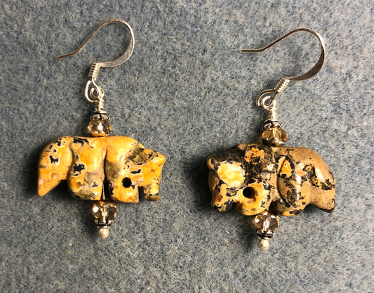 Tan picture jasper gemstone wolf bead earrings with tan Chinese crystal beads.