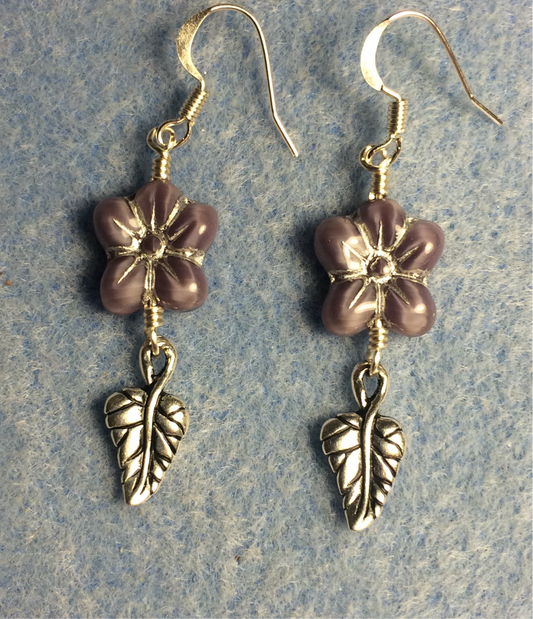 Opaque violet (with silver inlay) Czech glass puffy flower bead earrings adorned with silver Tierracast leaf charms.