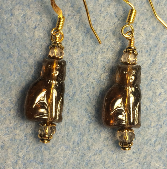 Small translucent light brown Czech glass cat bead earrings adorned with light brown Chinese crystal beads.
