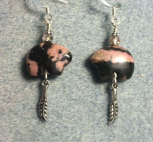 Pink rhyolite gemstone Zuni bear fetish bear earrings adorned with sparkly pink crystal beads and tiny silver feather charms.