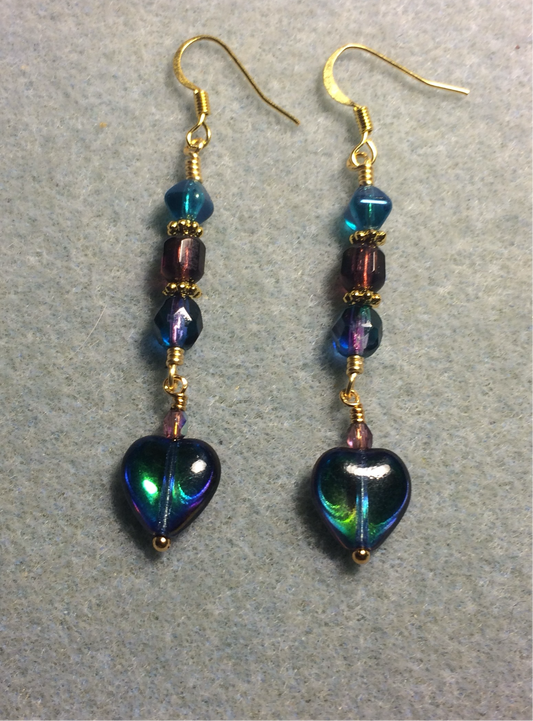 Small metallic blue purple Czech glass heart bead earrings adorned with blue and purple Czech glass beads.