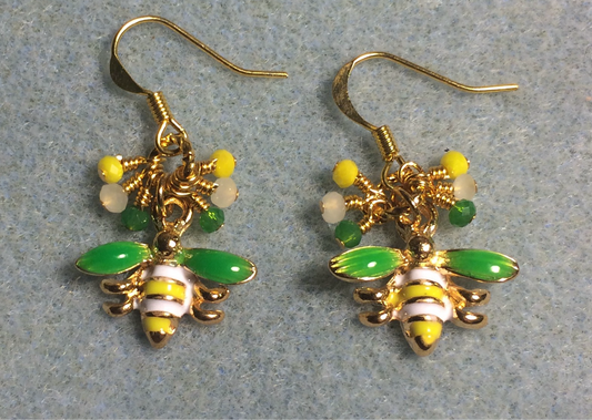 Small green, yellow, and white enamel honeybee charm earrings adorned with tiny dangling green, yellow, and white Chinese crystal beads.