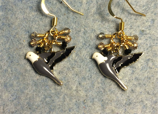 Gray, black, and white enamel parakeet charm earrings adorned with tiny dangling gray, black, and clear Chinese crystal beads.