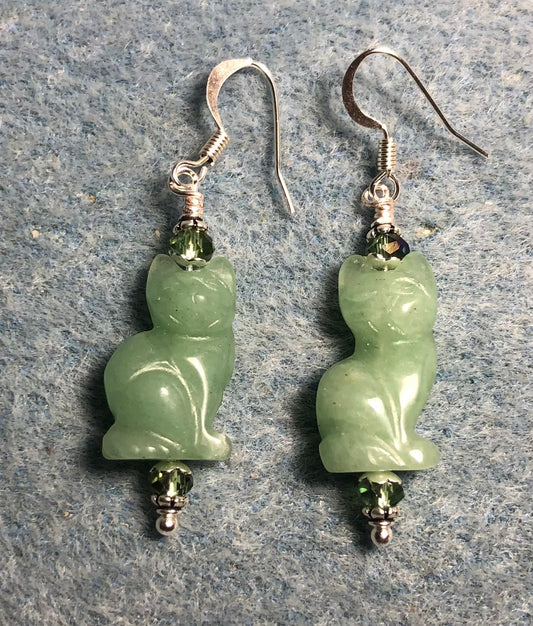 Light green aventurine gemstone cat bead earrings adorned with light green Chinese crystal beads.