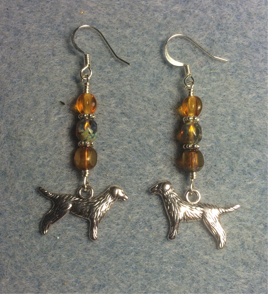 Silver golden retriever charm earrings adorned with amber Czech glass beads