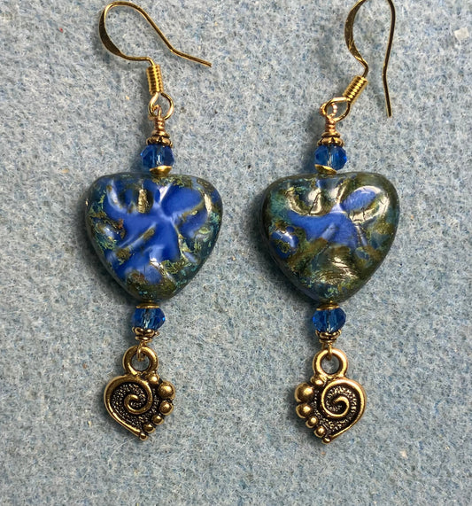 Dark blue Picasso Czech glass heart bead earrings made with dark blue Chinese crystal beads and gold Tierracast spiral heart charms.