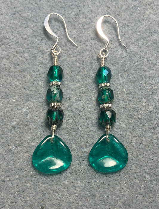 Translucent teal Czech glass rose petal earrings adorned with teal Czech glass beads.
