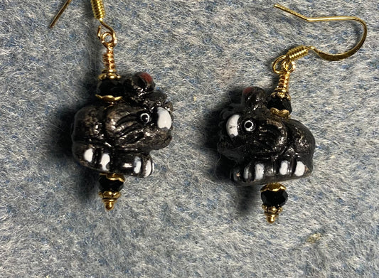 Small black and white ceramic elephant bead earrings adorned with black Chinese crystal beads.