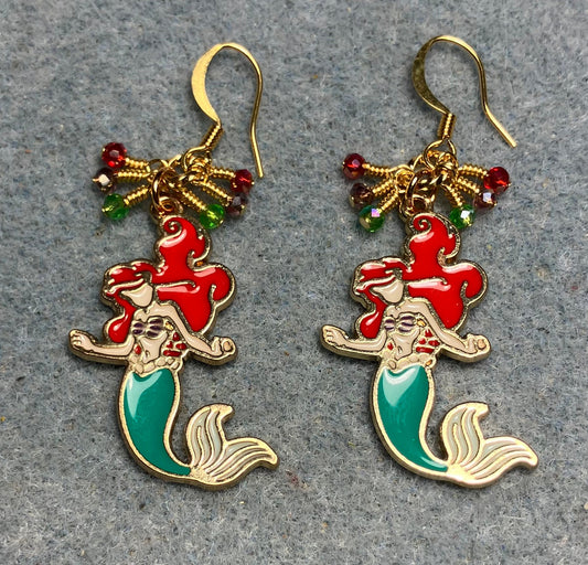 Red, green, and purple enamel mermaid charm earrings adorned with tiny dangling red, green, and purple Chinese crystal beads.