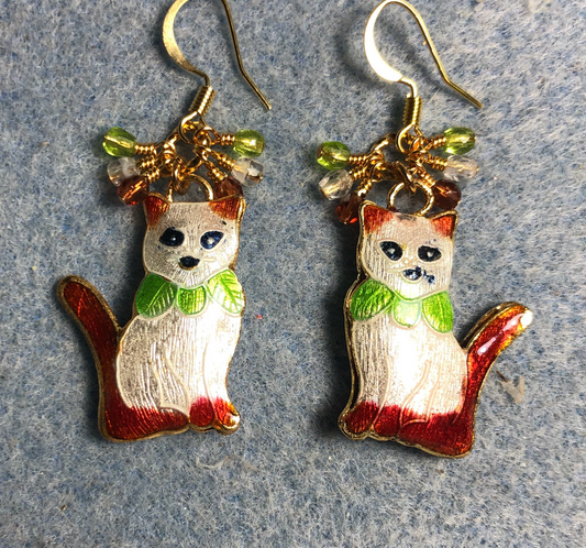 White, olive green, and rose  cloisonné cat charm earrings adorned with small dangling clear, olive green, and rose Czech glass beads.