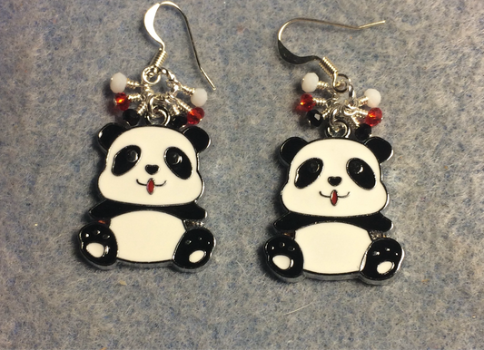 Black, white, and red enamel panda bear charm earrings adorned with tiny dangling black, white, and red Chinese crystal beads.