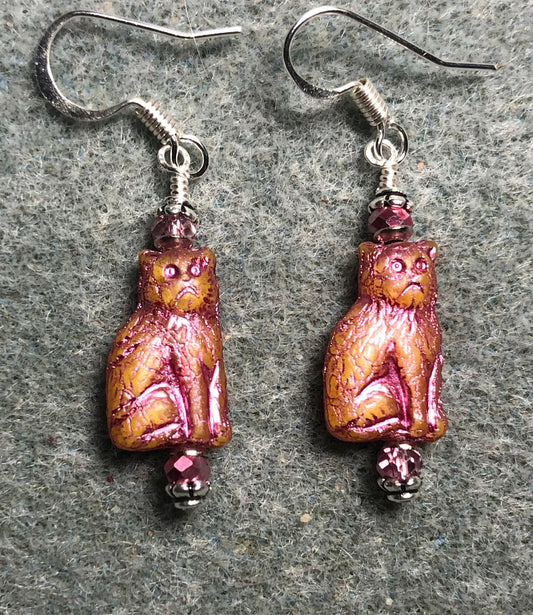 Small light orange (with pink inlay) Czech glass cat bead earrings adorned with hot pink Chinese crystal beads.