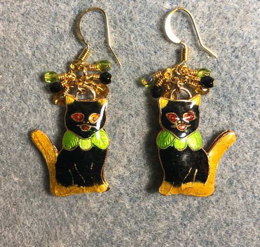 Black, olive green, and amber cloisonné cat charm earrings adorned with small dangling black, olive green, and amber Czech glass beads.