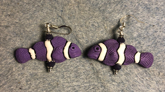 Purple and white ceramic striped clownfish bead earrings adorned with purple Chinese crystal beads.
