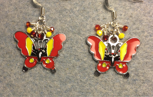 Red and yellow enamel butterfly charm earrings adorned with tiny dangling red and yellow Chinese crystal beads.