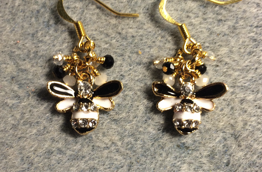 Small black and white enamel and rhinestone honeybee charm earrings adorned with tiny dangling black, clear, and white Chinese crystal beads.