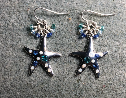 Silver, blue, and turquoise rhinestone starfish charm earrings adorned with tiny dangling blue and turquoise Chinese crystal beads.