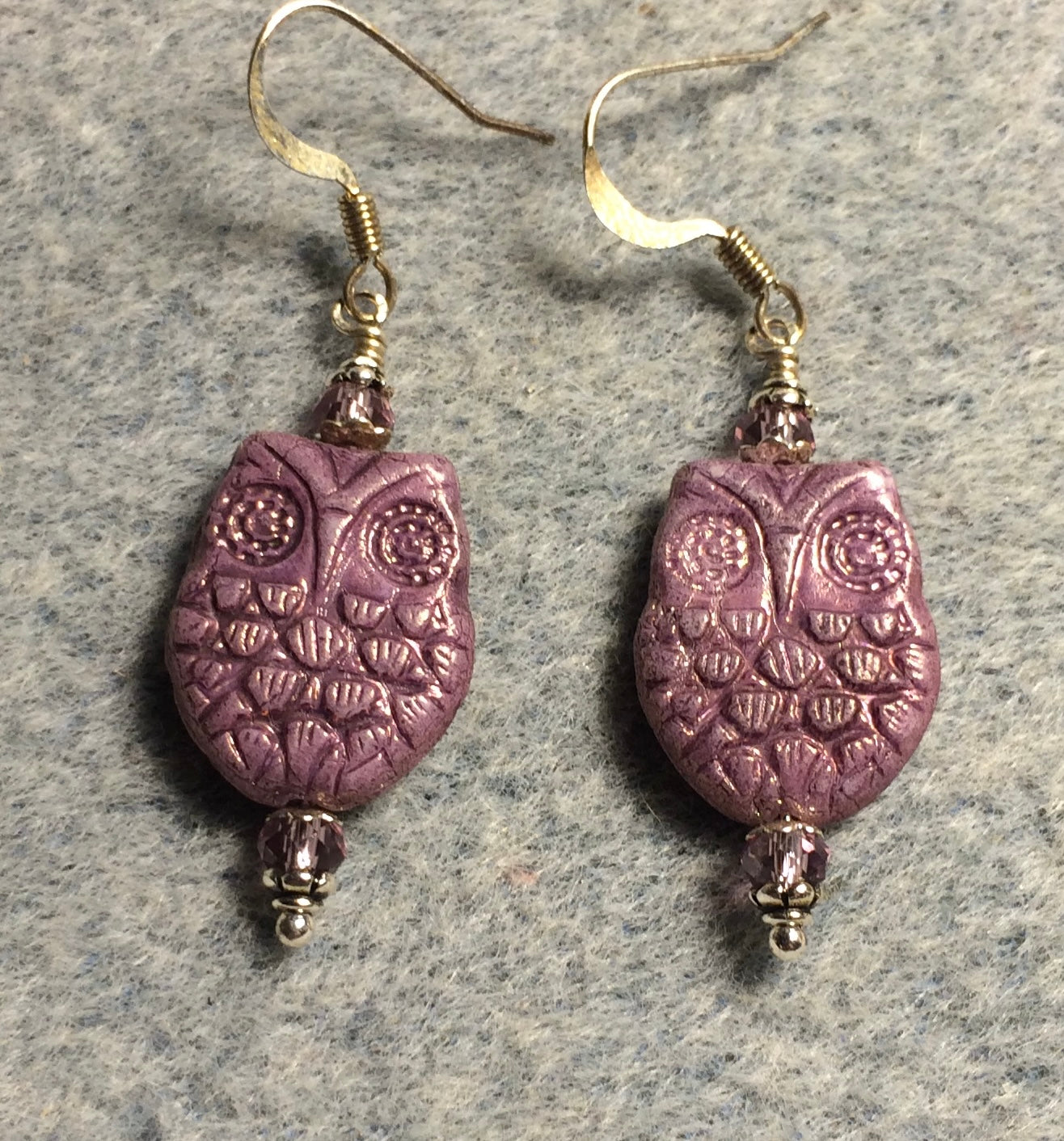 Rose pink Czech glass owl bead earrings adorned with rose Chinese crystal beads.