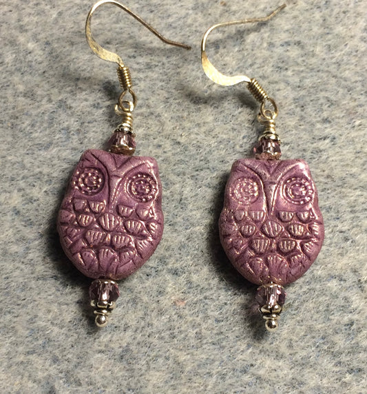 Rose pink Czech glass owl bead earrings adorned with rose Chinese crystal beads.
