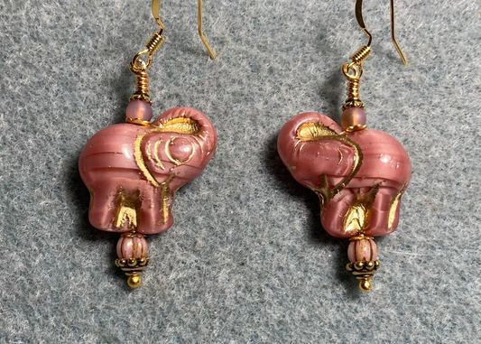 Rose pink (with gold inlay) Czech glass elephant bead earrings adorned with rose pink Czech glass beads.