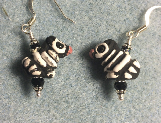 Small black and white ceramic striped zebra bead earrings adorned with black Chinese crystal beads.