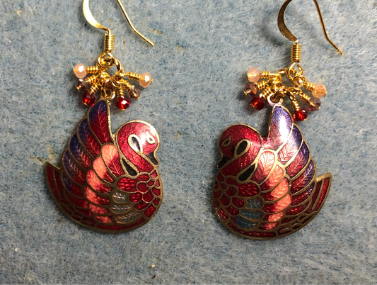 Gorgeous vintage dark red, purple, and peach cloisonné swan charm earrings adorned with tiny dangling dark red, purple, and peach Chinese crystal beads.