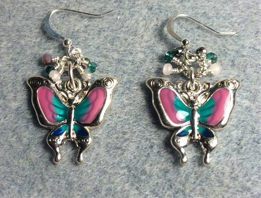 Pink, turquoise, and silver enamel and rhinestone butterfly charm earrings adorned with tiny dangling pink, turquoise, and silver Chinese crystal beads.