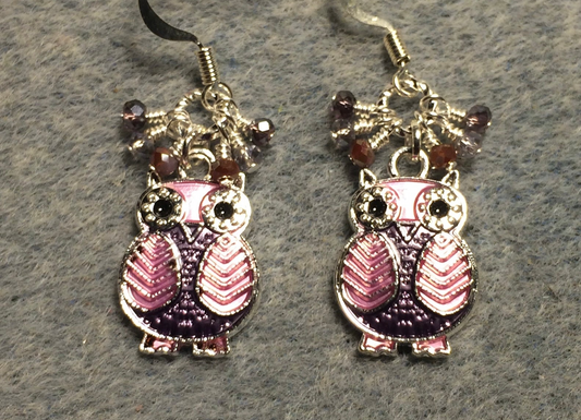 Purple and lavender enamel owl charm earrings adorned with tiny dangling purple and lavender Chinese crystal beads.