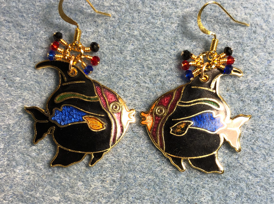 Large vintage black, blue, and red cloisonné angelfish charm earrings adorned with tiny dangling black, blue, and red Chinese crystal beads.