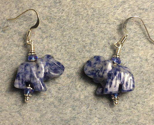 Blue sodalite gemstone elephant bead earrings adorned with blue Chinese crystal beads.